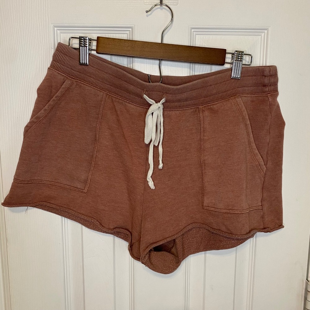 Aerie Fleece Lounge Shorts Terracotta Clay Raw Hem Drawstring Pockets Large